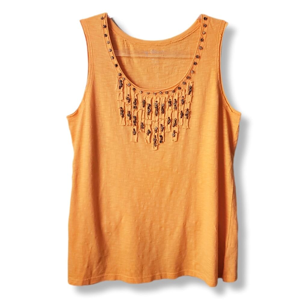 Chicos Women Embellished Melon Orange Tank Top 2 L Boho Casual Coastal Artsy